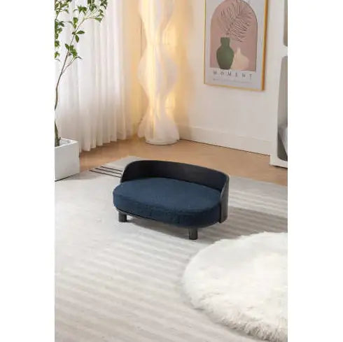 Scandinavian Style Elevated Dog Bed Pet Sofa With Solid Wood Legs And Bent Wood Back, Velvet Cushion, Dark Blue